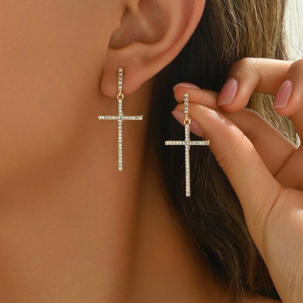 Elegant Gold Cross Earrings, Rhinestone Cross Earrings